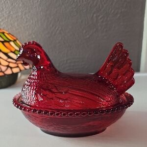 Red Glass Hen on Nest Decorative Dish - Home Art